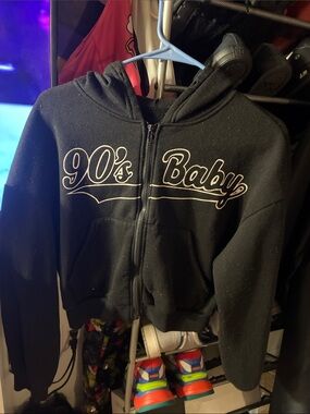 SHEIN Black '90's Baby' Teddy Zip-Up Hoodie